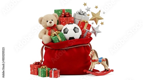 A festive red sack overflowing with holiday gifts, toys, and joyful surprises for Christmas