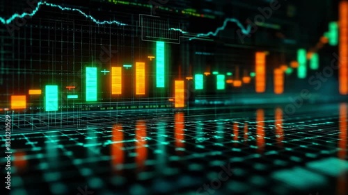 Financial Candlestick Chart Display: Glowing Neon Bars Showing Stock Market Trends Economic Data and Digital Analytics Interface