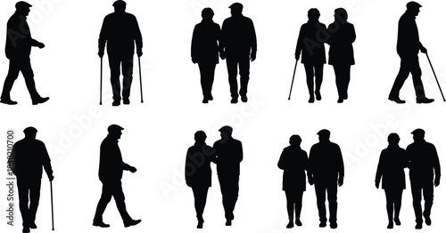 Elderly couple walking silhouette, senior man and woman together, old age love, retirement lifestyle, companionship, peaceful life illustration art.