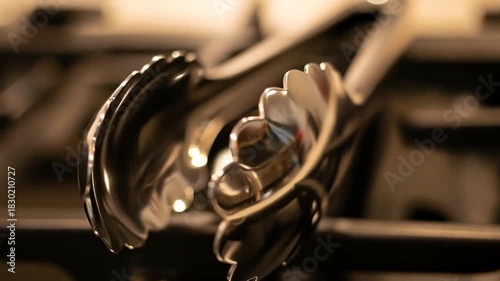 Close-Up of Shiny Kitchen Tongs on a Stove Top