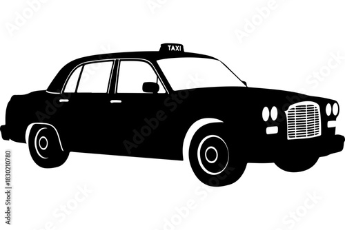Classic taxi cab illustration in sleek black and white, perfect for transportation designs or urban themes, a timeless icon of city life and travel