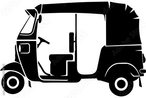 Iconic auto rickshaw in black, a symbol of urban transport in Asia, perfect for travel blogs, transportation infographics, or cultural projects. Scalable vector.