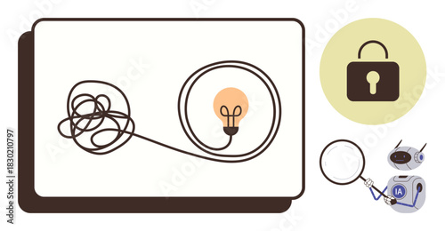 Tangled line leading to lightbulb, padlock icon, and magnifying glass with robot. Ideal for problem solving, innovation, clarity, security, creativity, process optimization simple flat metaphor
