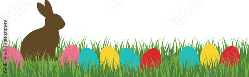 Easter rabbit silhouette, colorful eggs in grass, spring holiday decoration, festive bunny scene, seasonal celebration, Easter Sunday, springtime joy, holiday tradition
