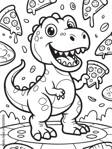 Cartoon dinosaur enjoys pizza party with dripping slices in the black and white scene