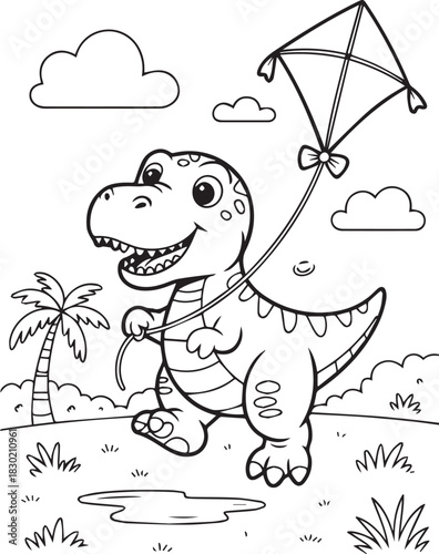 Cartoon dinosaur happily walks holding a kite string in a black and white coloring book