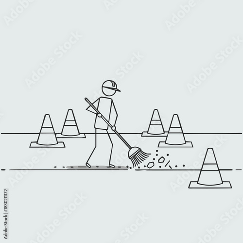 A simple line drawing depicts a worker sweeping debris on a road, surrounded by traffic cones, promoting road safety and cleanliness.