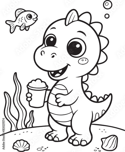 Cheerful dinosaur holds a drink while swimming with a fish in the ocean coloring page