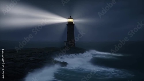 Lighthouse Beacon: Guiding Light Through Stormy Seas at Night