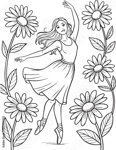 Happy Caucasian ballerina dances among daisy flowers outlined in black and white color image