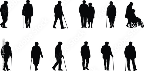Elderly people silhouette collection, senior men and women walking with cane and wheelchair, old age care, retirement life vector