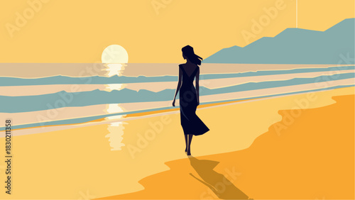 Elegant lady walking by the seaside at sunrise or sunset, with the shimmering waves and calm sea breeze lifting her long hair, in minimalist vector illustration style stock illustration