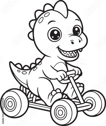 Outlined cheerful dinosaur character smiles as he rides a four wheeled bike with a transparent background