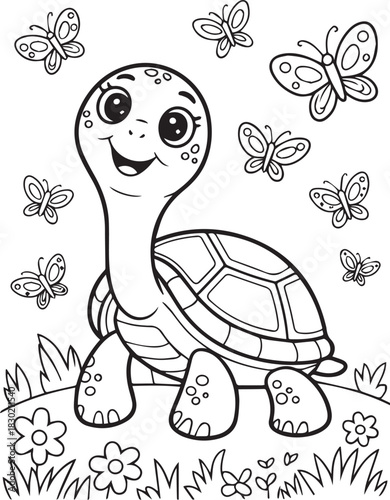 Playful turtle smiles as butterflies flutter around in a whimsical garden with flowers