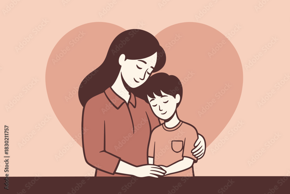 Obraz premium Mother hugging son illustration with heart background 