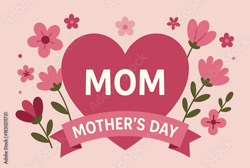 Mother's Day heart with flowers and ribbon design 
