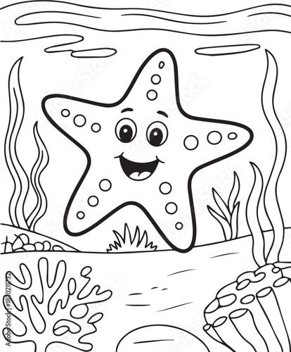 Smiling starfish with open mouth floats amidst algae and coral on the ocean floor