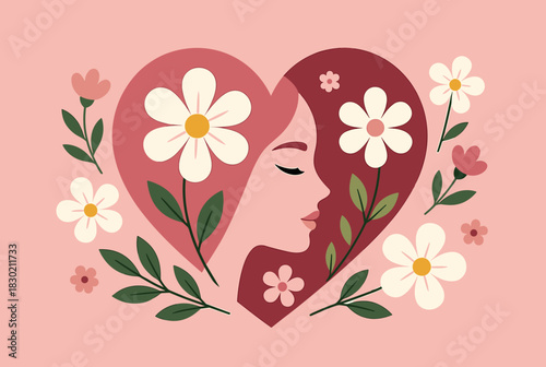 Woman face in heart with floral decoration illustration 
