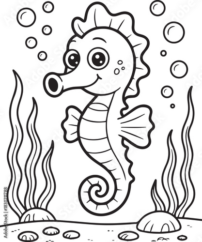 The outlined seahorse swims happily amid seaweed and rising bubbles under the sea