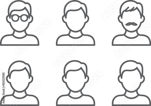 Six simple male avatar icons with different hairstyles and one with glasses