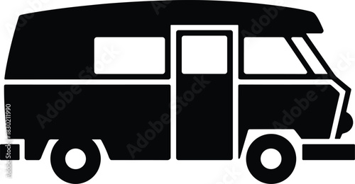 Simple icon of a camper van in black and white, isolated on white background. isolated on white background