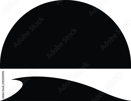 Black abstract representation of a sun over a wave, isolated on white. isolated on white background
