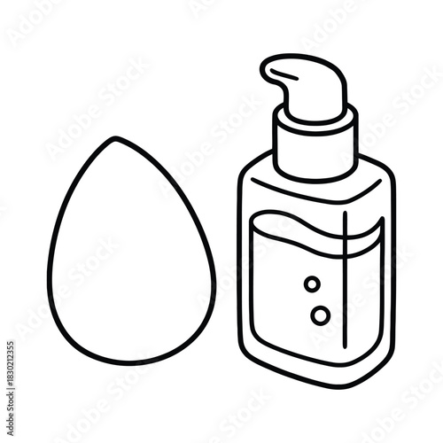 Makeup sponge and liquid foundation bottle with pump dispenser outline icon illustration coloring page