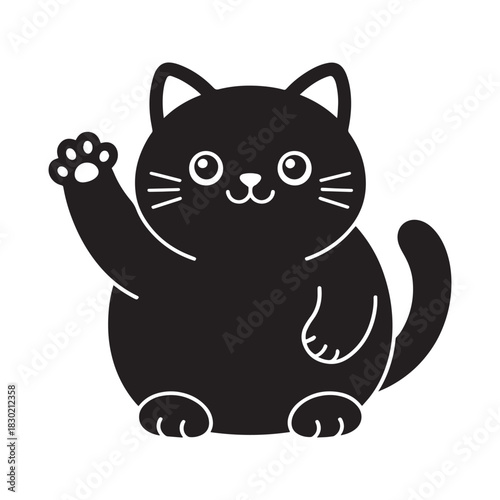 Cute Black Cat Clipart Waving Kawaii Silhouette Illustration