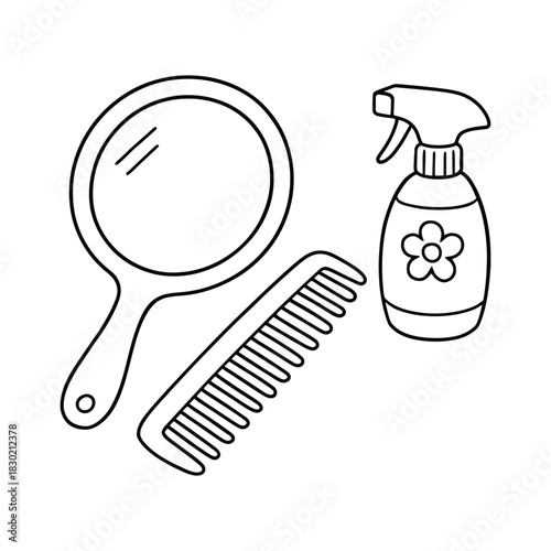 Hand mirror, comb, and spray bottle outline illustration for hair care coloring page