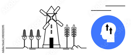 Agriculture concept. Traditional windmill with crops highlights sustainable agriculture. Agriculture combines renewable energy with innovation. For sustainability, food production, environment