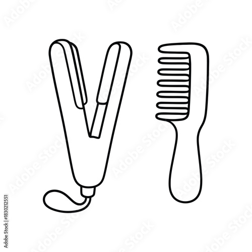Hair straightener and comb line art icon for beauty salon or barbershop coloring page