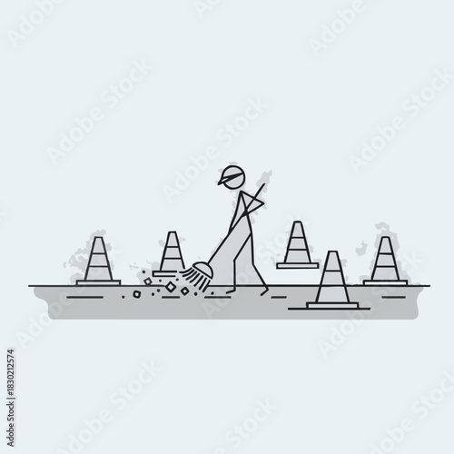 A minimalist illustration shows a stick figure sweeping debris on a road, surrounded by traffic cones, representing cleaning and maintenance.