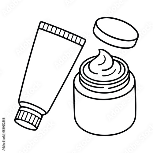 Skincare cosmetic cream tube and jar line art illustration vector icon design coloring page