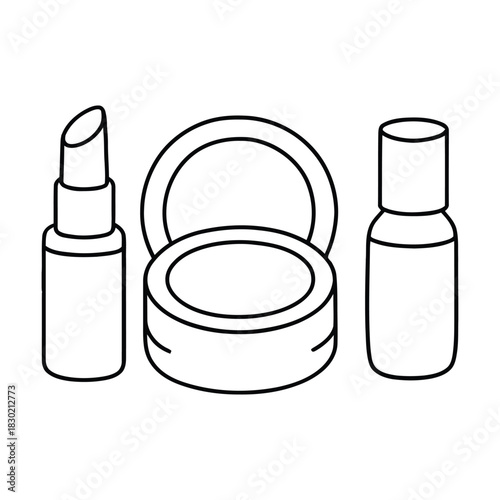 Beauty makeup cosmetic products outline set with lipstick, powder, and bottle coloring page