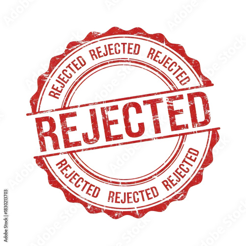 Red rejected stamp emblem with textured detail isolated on transparent background