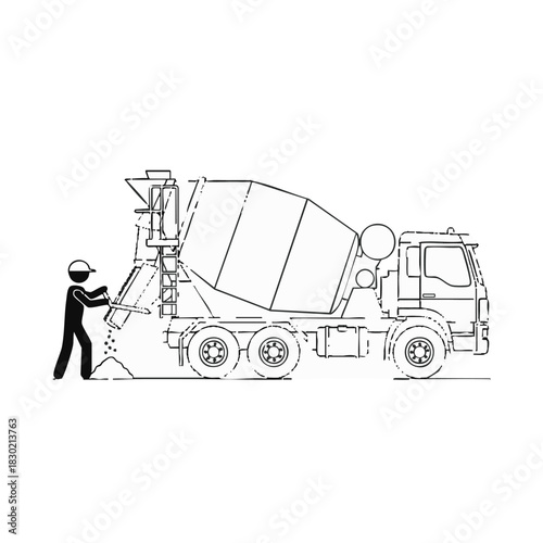 An illustrated construction worker operating a concrete mixer truck, preparing for building and infrastructure development on a white background.