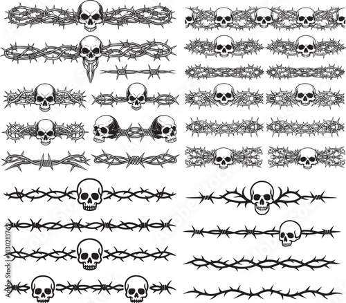 Collection of skull and barbed wire border designs for graphic design and tattoo art