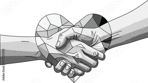 A grayscale line drawing of a firm handshake framed within a faceted lowpoly crystalline heart.