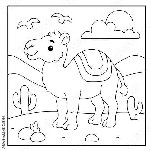 Cute Camel in Desert Landscape Coloring Page for Kids