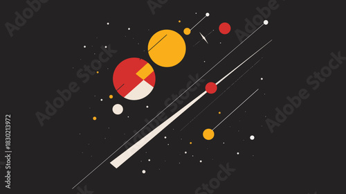 Abstract celestial illustration with colorful planets and lines on dark background