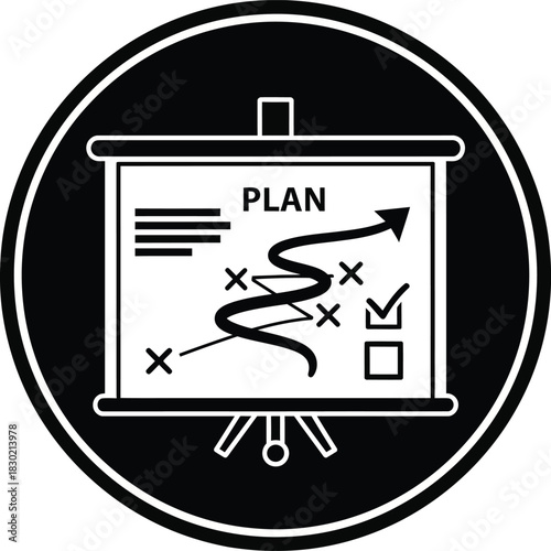 A monochrome icon of a strategic plan on a presentation screen showing a winding path obstacles and a checklist.
