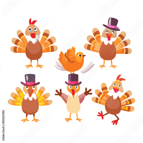 Turkey icon set. thanksgiving flat turkeys. hat, waving, sign, feather, happy, dance vector icons.