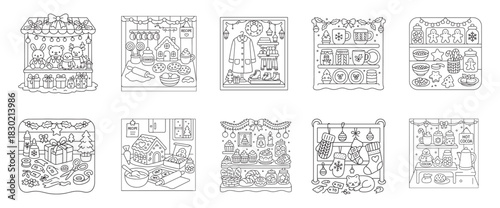 Cozy christmas outline holiday collection with festive decorations, food, and gifts coloring page