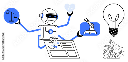 Robot managing scales of justice, heart, robot arm, information panel, and lightbulb alongside a flower. Ideal for AI, automation, innovation ethics sustainability creativity technology. Simple