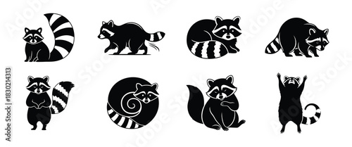 Whimsical Raccoon Icon Collection Cute Forest Dweller Graphics in Silhouette