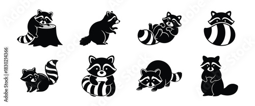 Set of black and white illustrations of raccoons in various poses