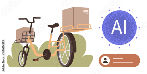 Cargo bike carrying boxes with digital AI interface symbolizing technology in delivery. Ideal for logistics, sustainability, technology, transportation, modern business, e-commerce, automation