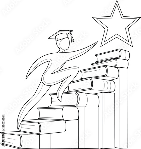 A stylized graduate figure in a cap climbing a staircase of stacked books reaching for a star of achievement.