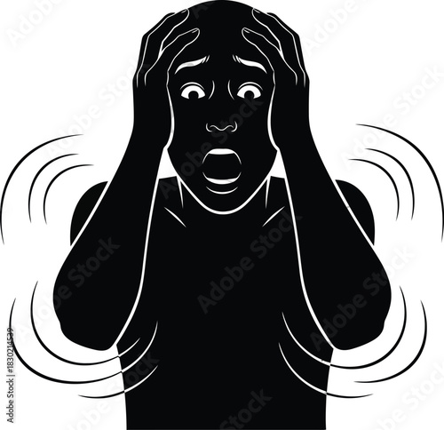 A terrified persons silhouette screaming in panic clutching their head in fear.