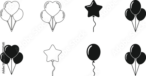 Black and white line art depicting various balloon shapes and a star